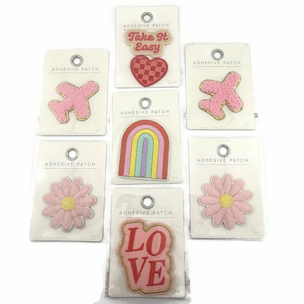 Assorted Pink Adhesive Patches - Love Flower Airplane Rainbow - Lot of 7 Packs
